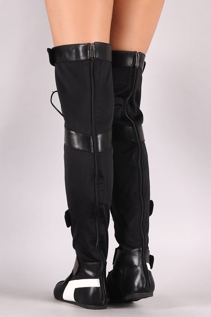 Striped Lace Up Strappy Over-The-Knee Flat Boots