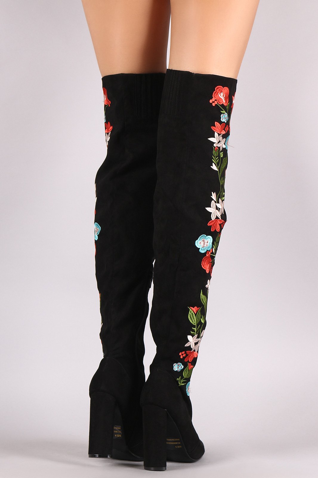 Qupid Suede Pointy Toe Floral Applique Chunky Over-The-Knee Boots