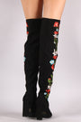 Qupid Suede Pointy Toe Floral Applique Chunky Over-The-Knee Boots