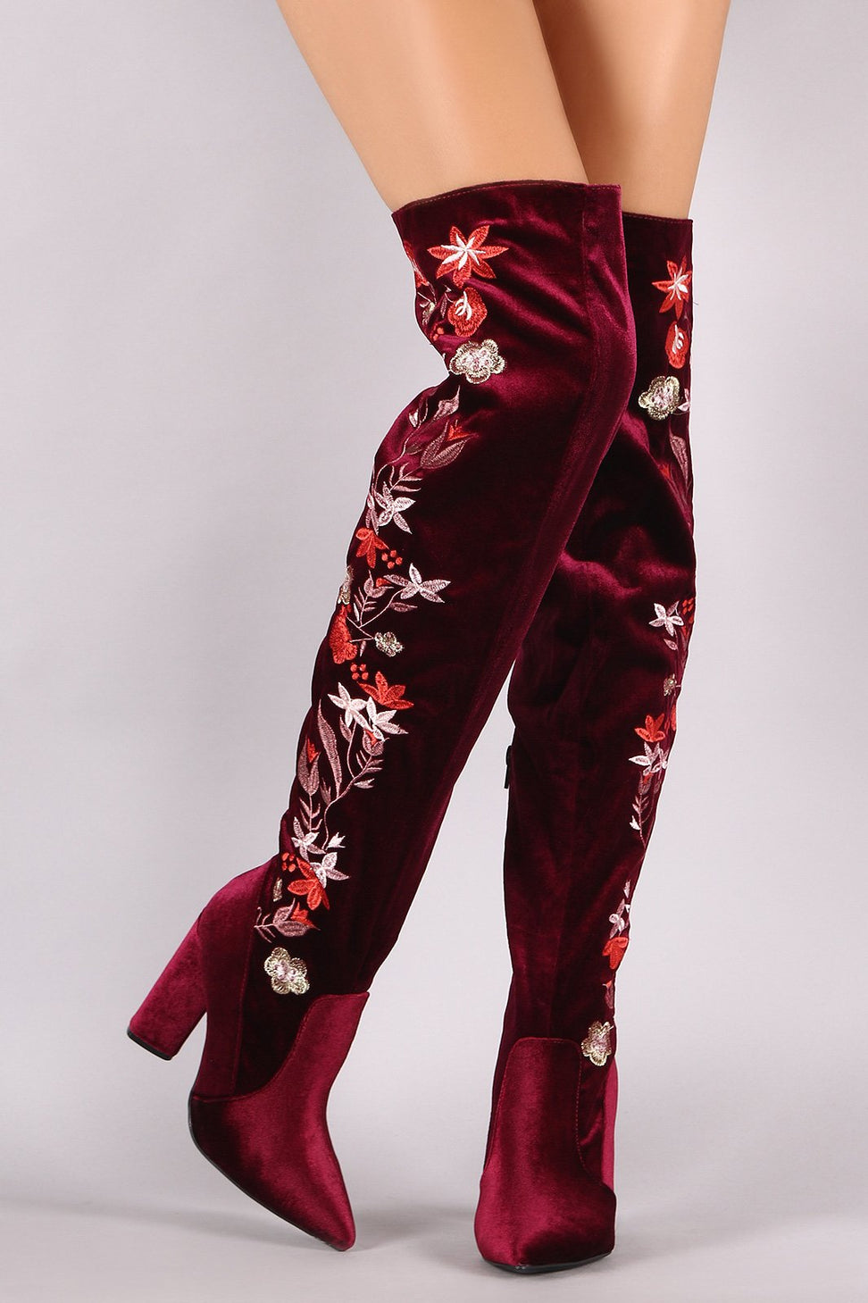 Qupid Velvet Pointy Toe Floral Applique Chunky Over-The-Knee Boots