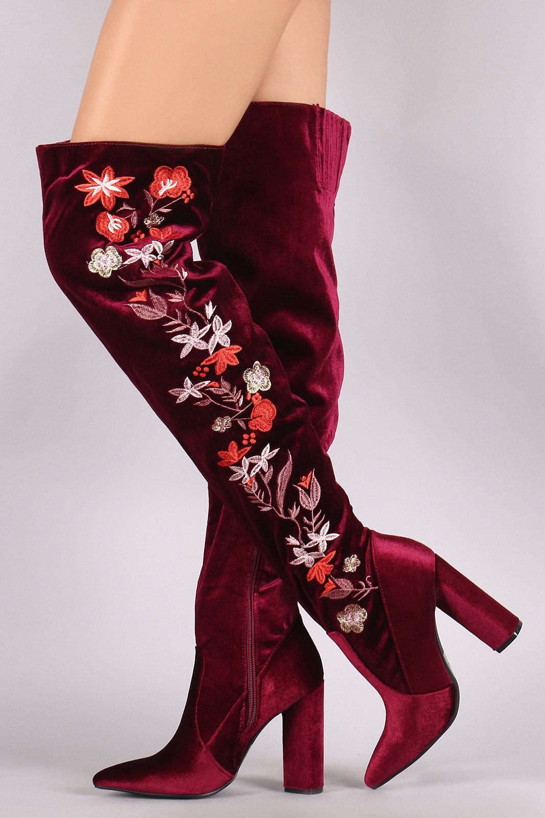 Qupid Velvet Pointy Toe Floral Applique Chunky Over-The-Knee Boots