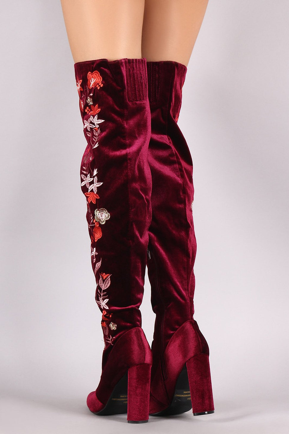 Qupid Velvet Pointy Toe Floral Applique Chunky Over-The-Knee Boots