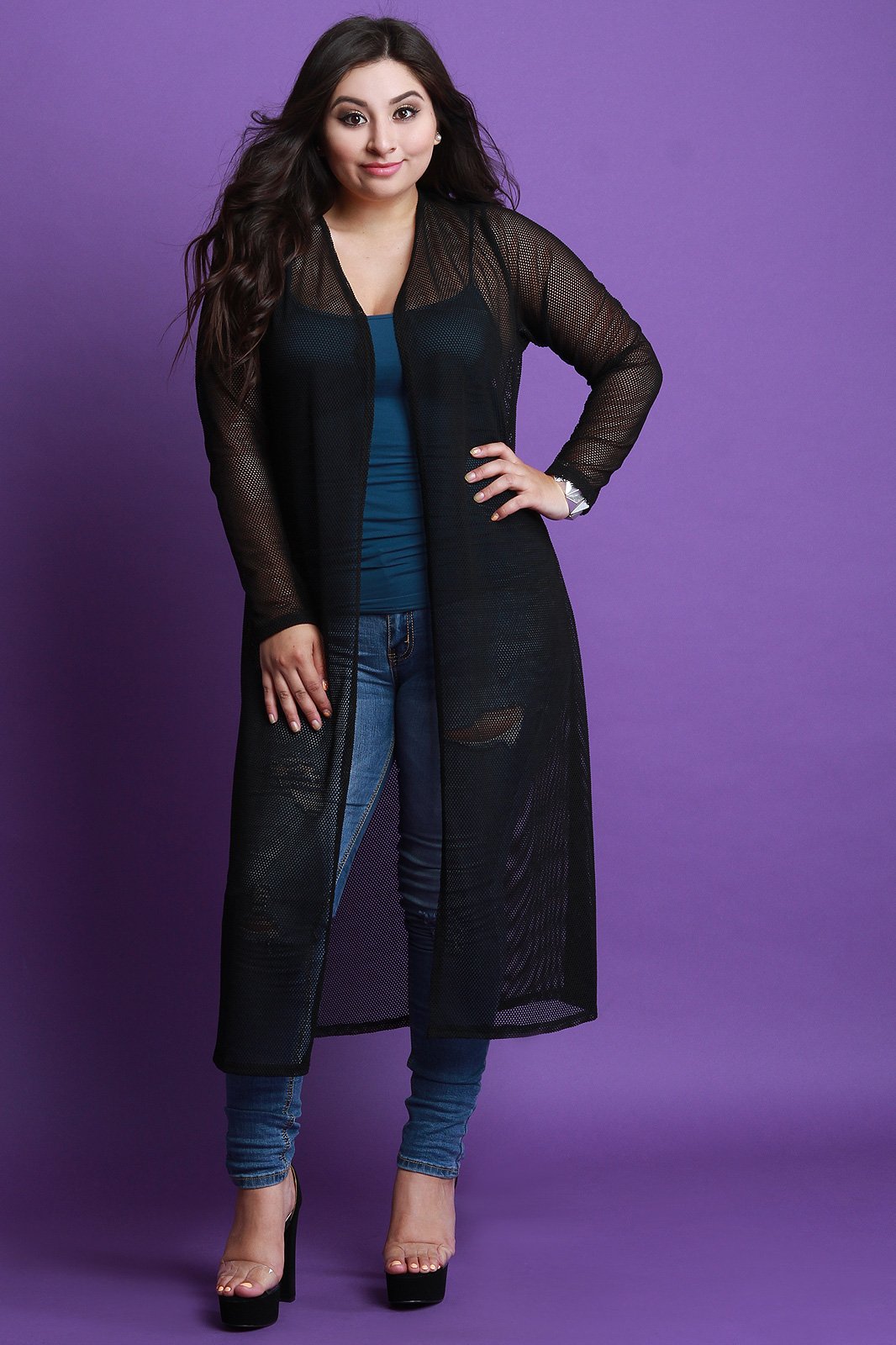 Semi-Sheer Fishnet Maxi Cardigan