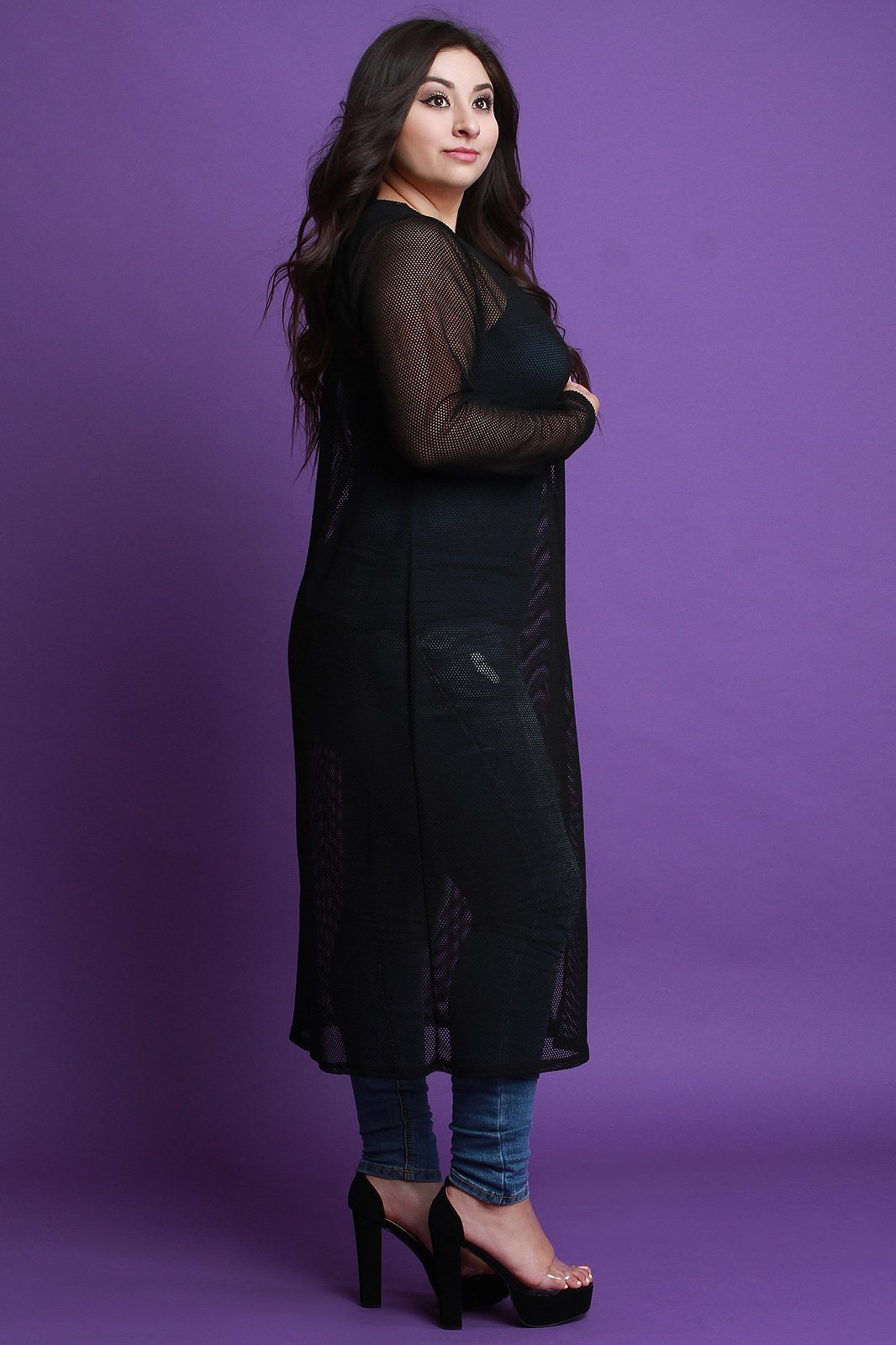 Semi-Sheer Fishnet Maxi Cardigan