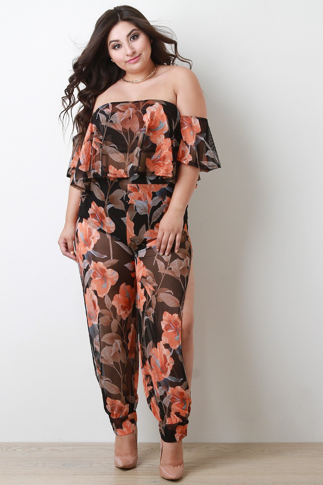 Floral Mesh Ruffled Bardot Top and Slit Pants Set