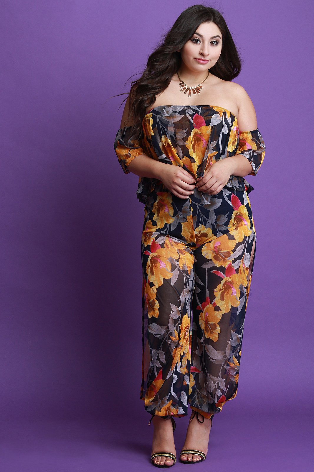 Floral Mesh Ruffled Bardot Top and Slit Pants Set