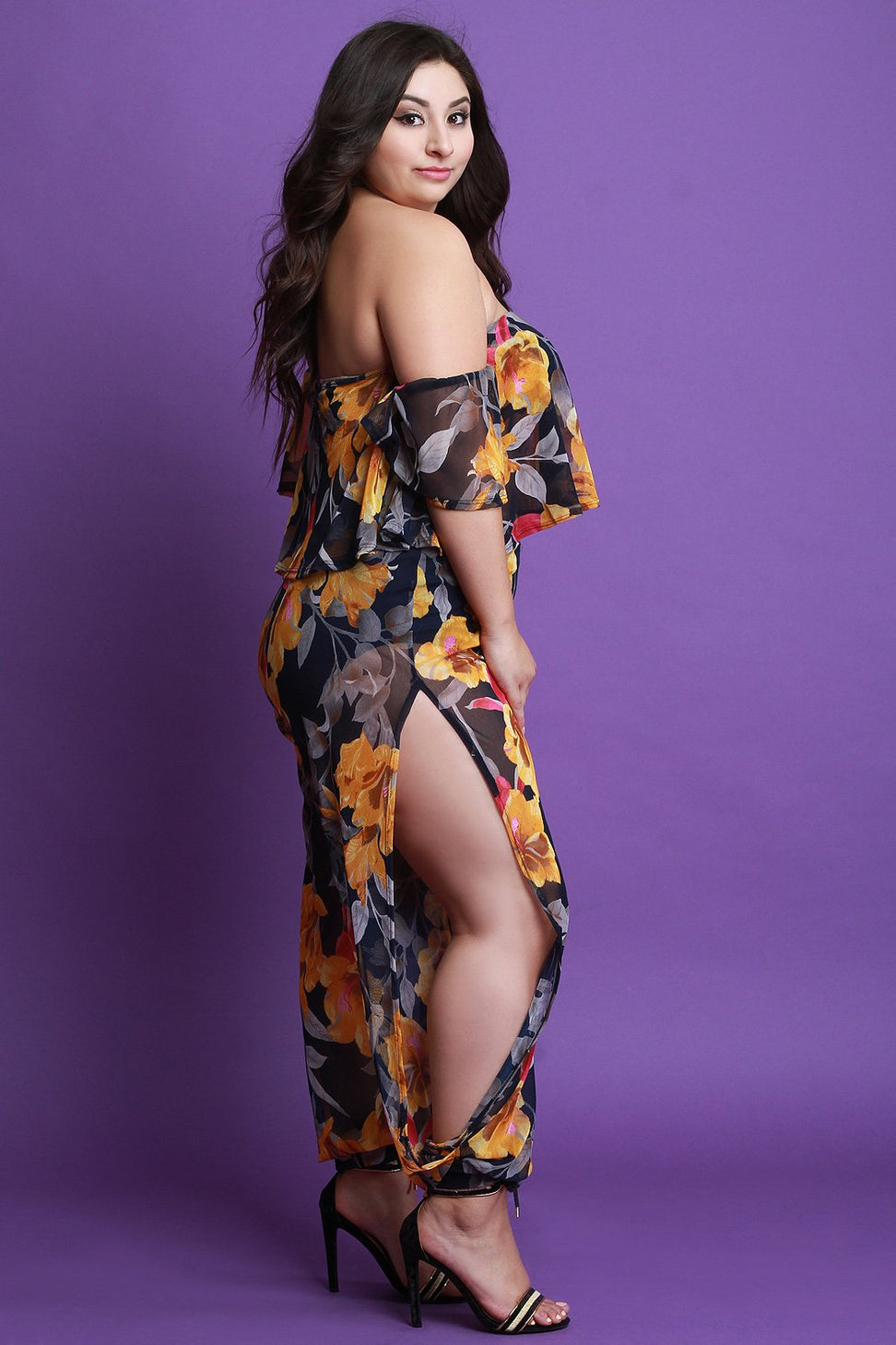 Floral Mesh Ruffled Bardot Top and Slit Pants Set