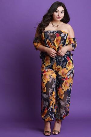 Floral Mesh Ruffled Bardot Top and Slit Pants Set