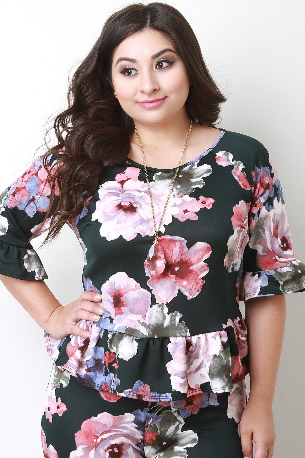 Peplum Floral Quarter Sleeve Top