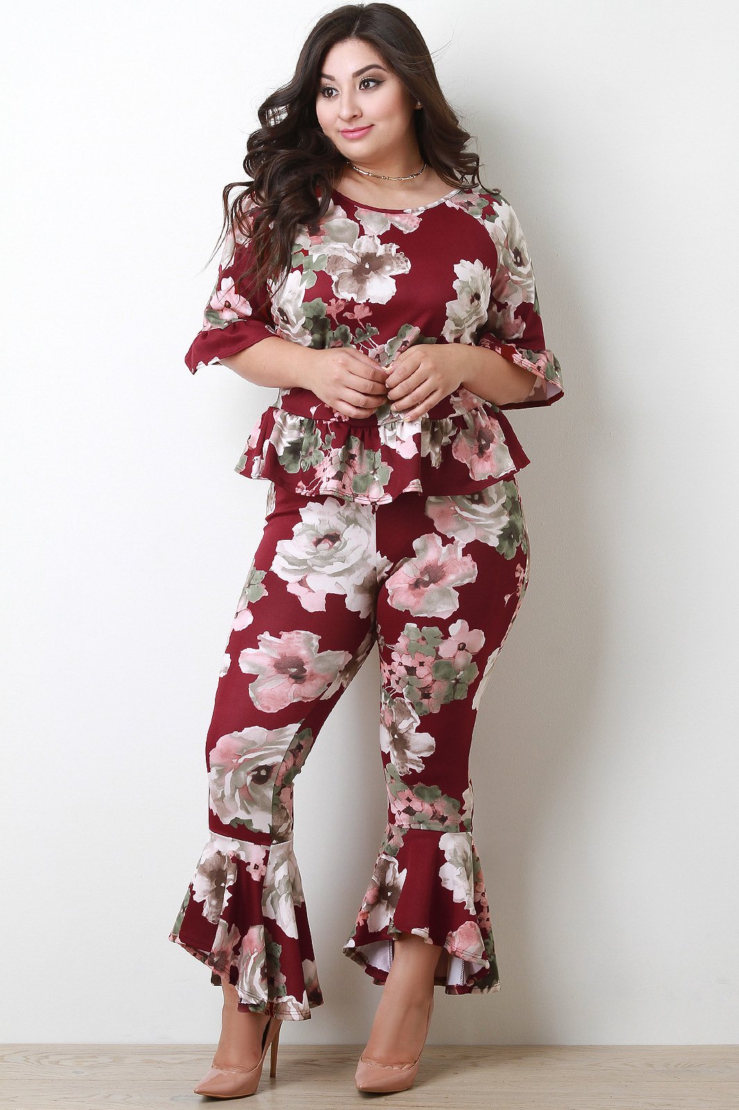 Peplum Flare Floral Pants