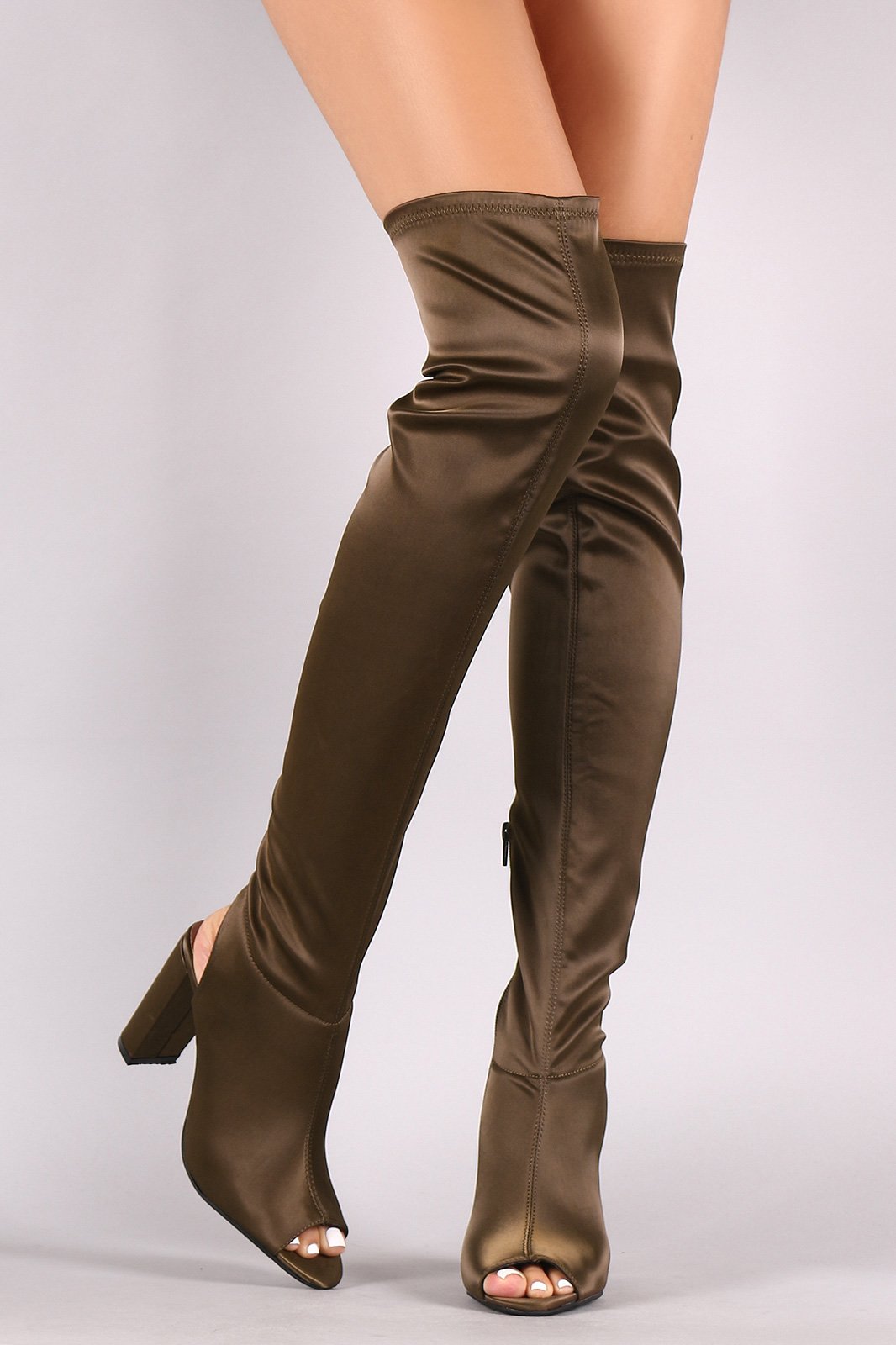 Qupid Satin Peep Toe Chunky Heeled Over-The-Knee Boots