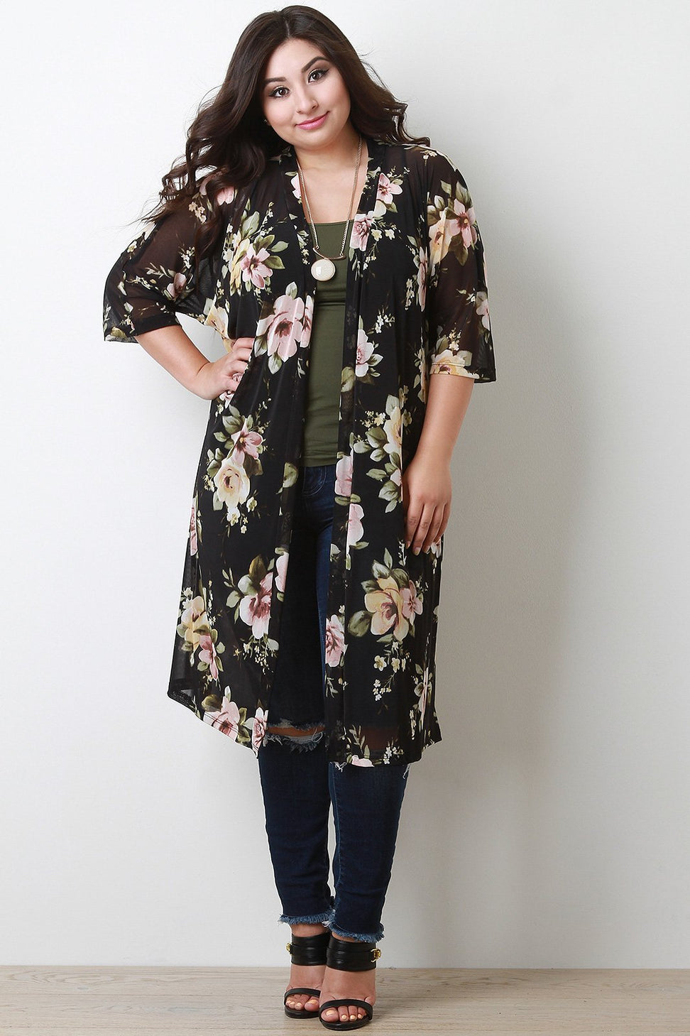 Floral Print Longline Mesh Cardigan