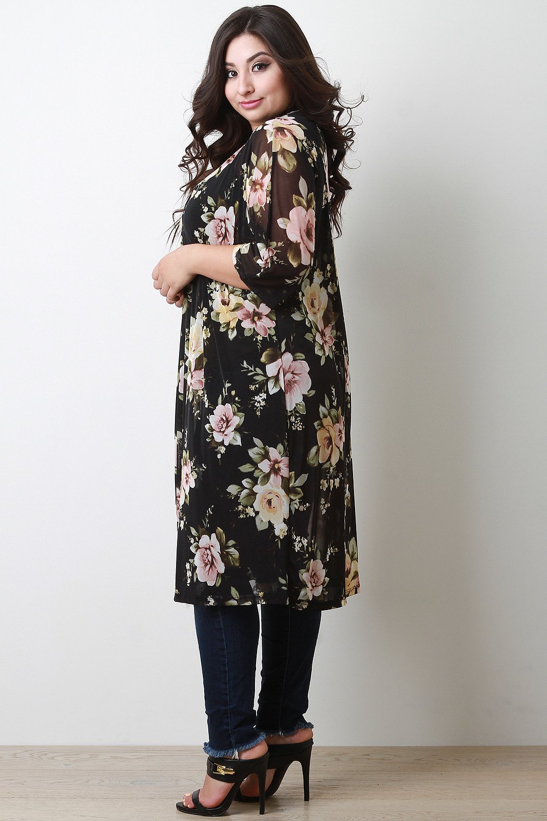 Floral Print Longline Mesh Cardigan