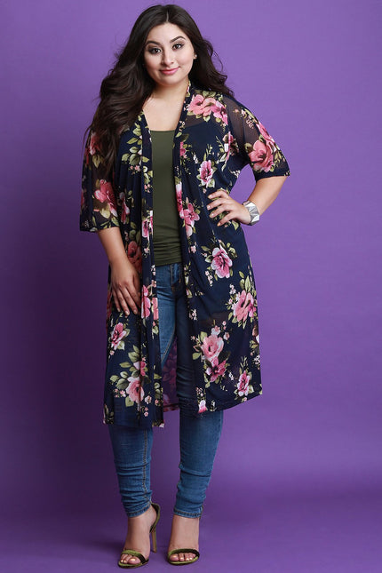 Floral Print Longline Mesh Cardigan