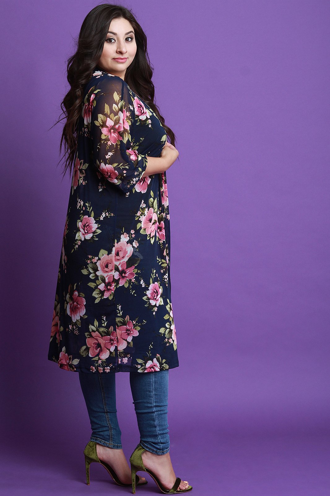 Floral Print Longline Mesh Cardigan