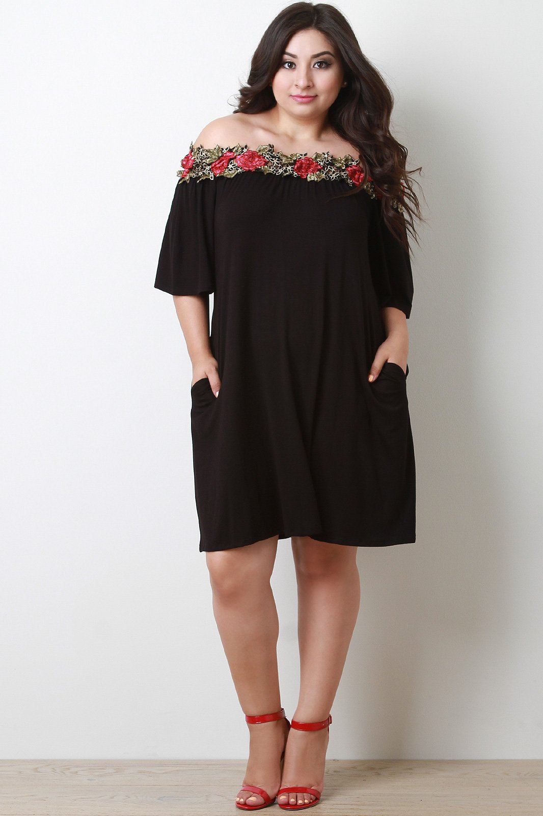 Floral Applique Off-The-Shoulder Shift Dress - NoveltyOne
