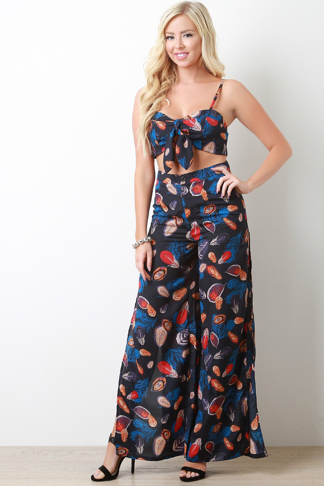Feather Print Crop Top With Open Side Palazzo Pants Set - NoveltyOne