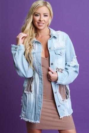 Chain Accent Clear Inset Distressed Denim Jacket