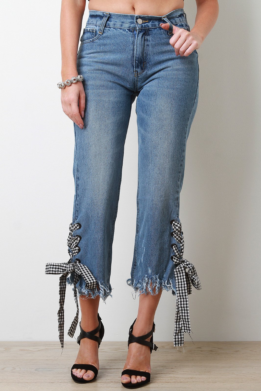 Gingham Lace Up Cropped Jeans - NoveltyOne