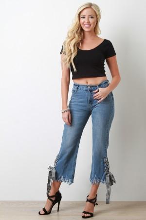 Gingham Lace Up Cropped Jeans - NoveltyOne