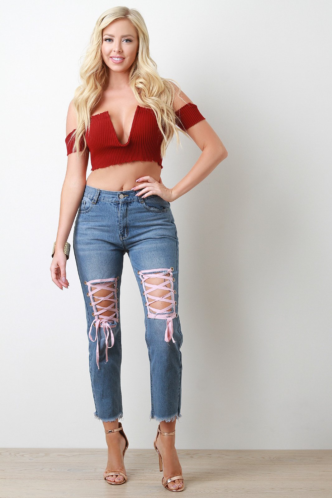 Frayed Denim Lace Up High Waist Jeans - NoveltyOne