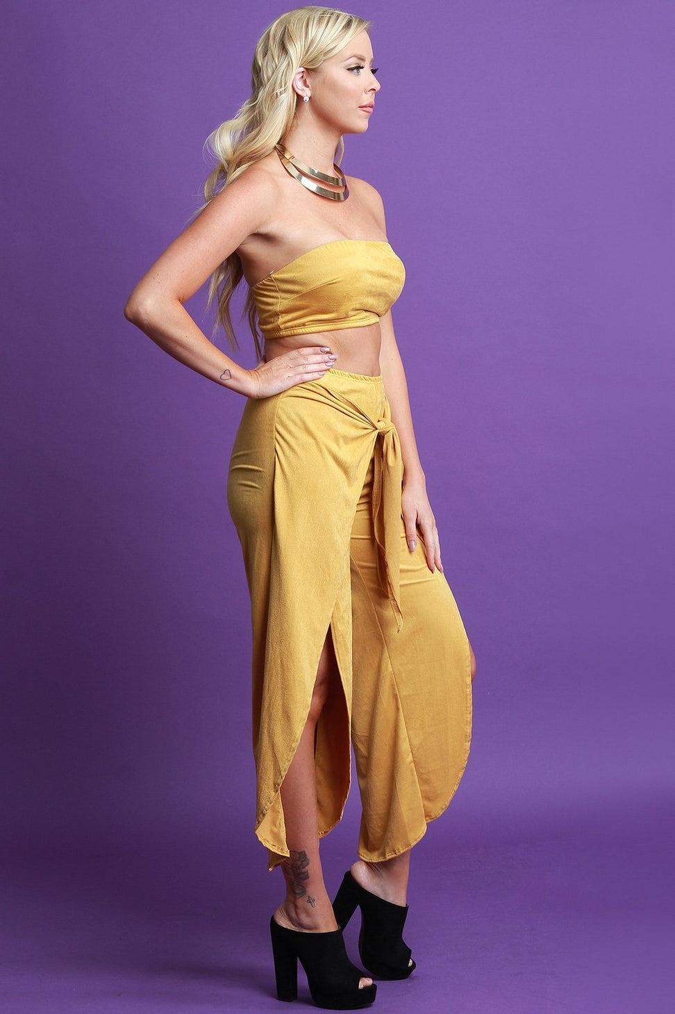 Vegan Suede Two Piece Wrap Pants Set