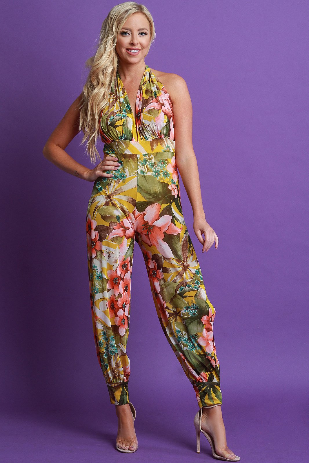 Floral Mesh Halter Side Slit Jumpsuit