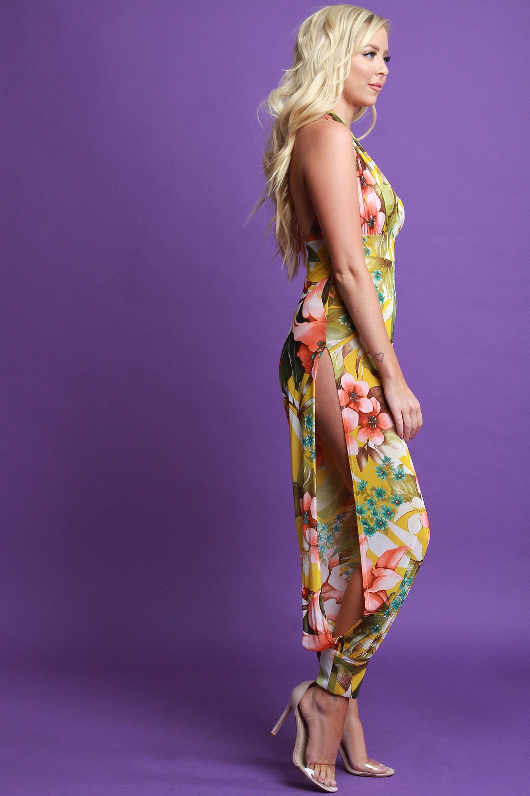 Floral Mesh Halter Side Slit Jumpsuit