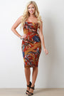 Tropical Leaf Print Tube Midi Dress