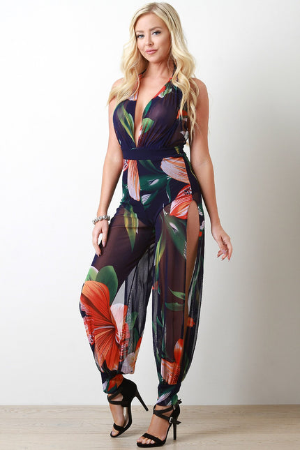 Hibiscus Mesh Halter Side Slit Jumpsuit