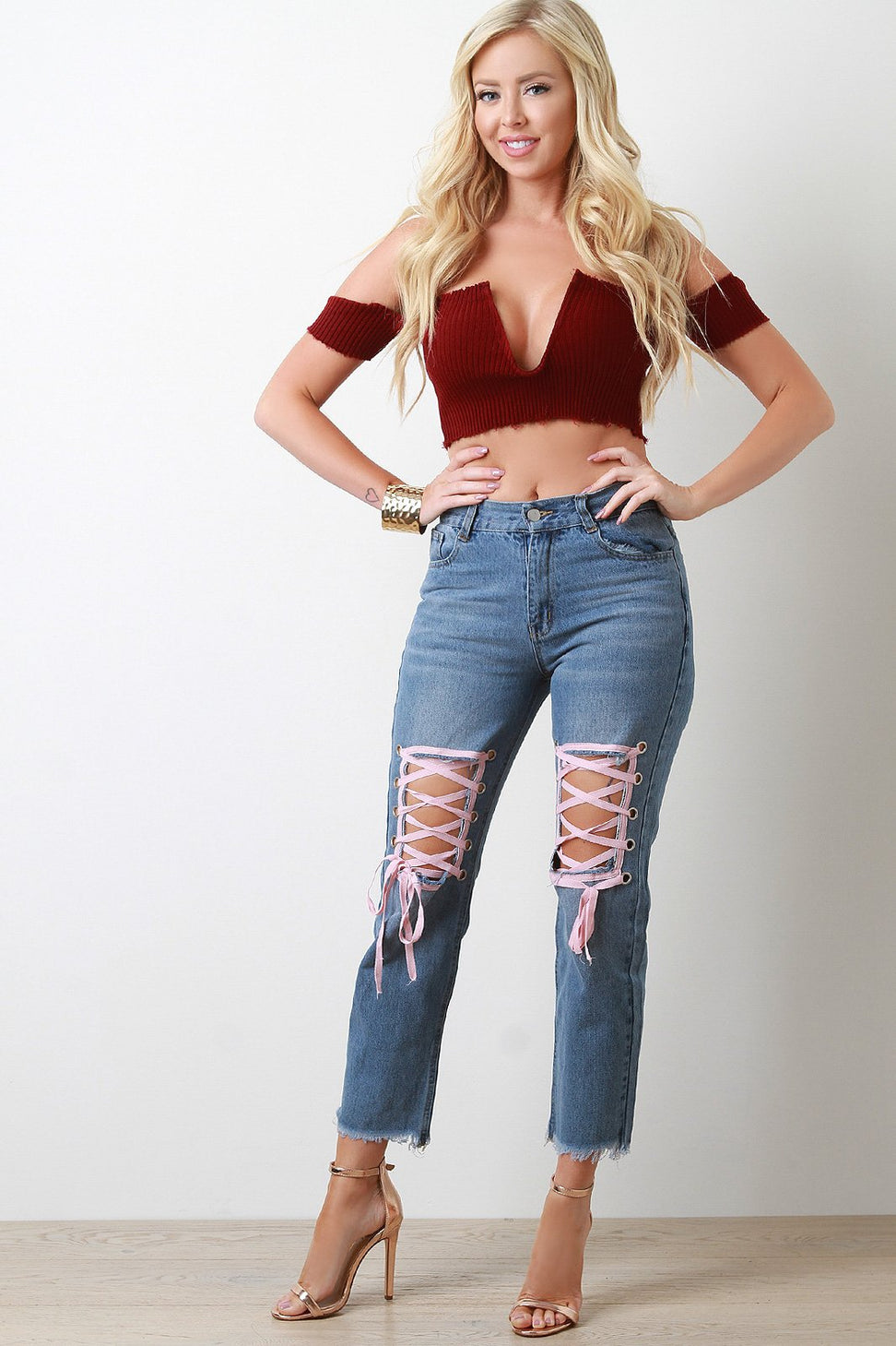 Ribbed Knit Bardot U-Shape Boning Crop Top