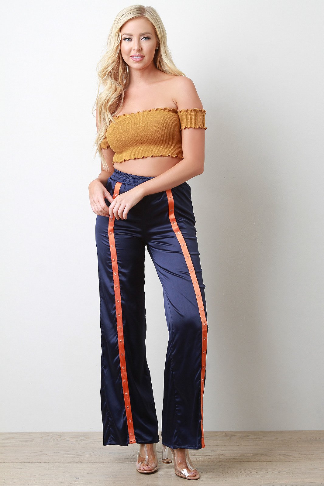 Satin Snap Buttons High Waisted Flared Pants