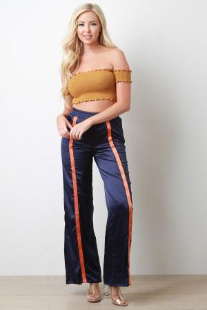 Satin Snap Buttons High Waisted Flared Pants