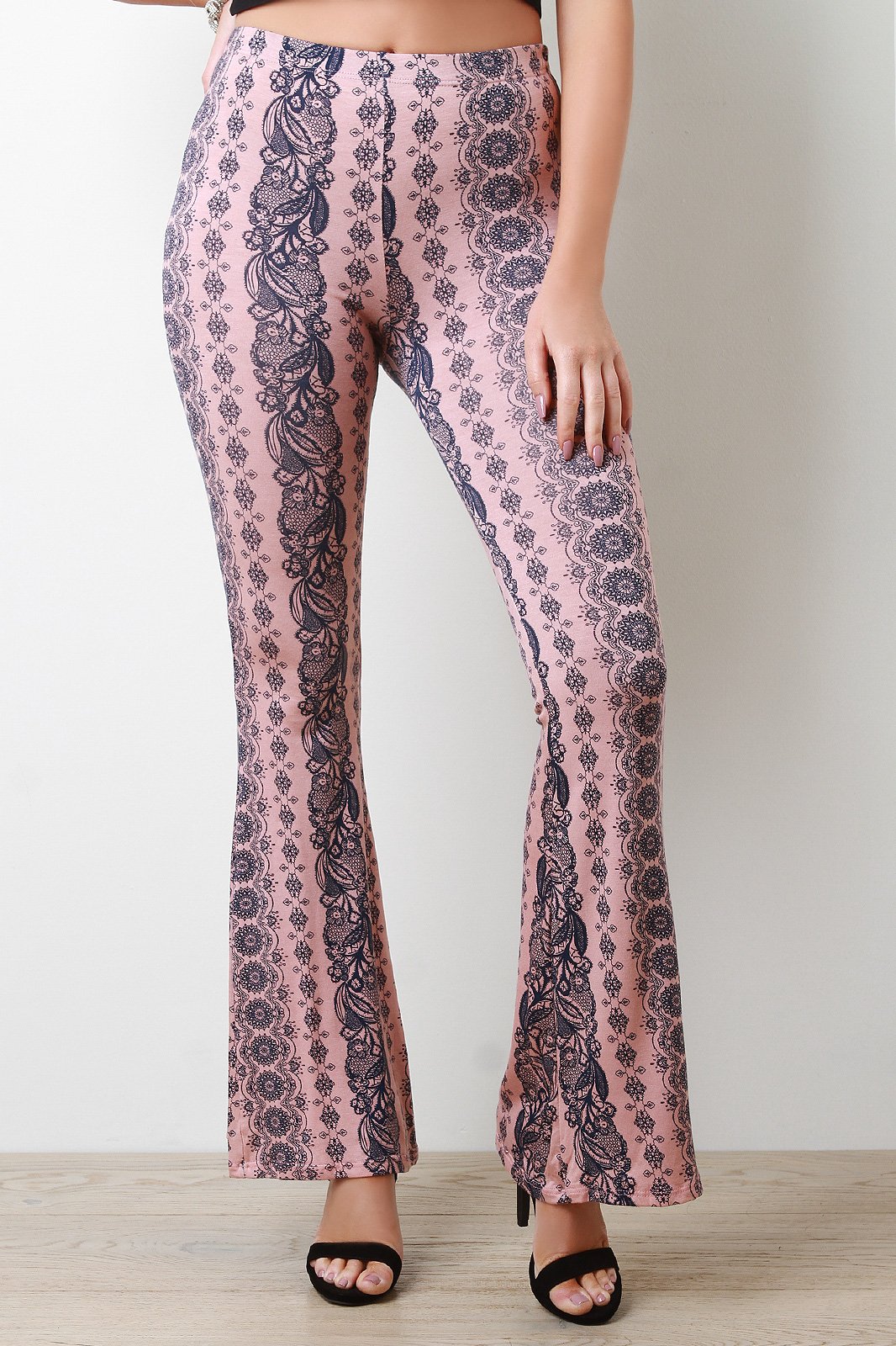 Jersey Knit Bohemian Print High Waisted Flare Pants