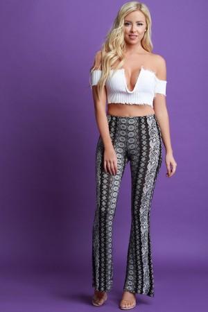 Jersey Knit Bohemian Print High Waisted Flare Pants
