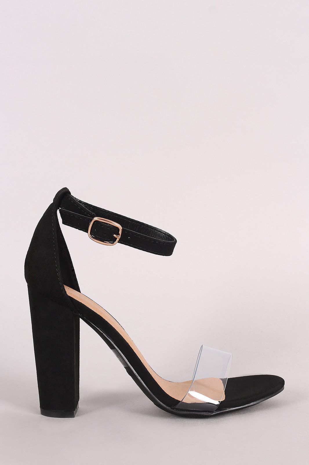 Bamboo Suede Open Toe Clear Strap Chunky Heel