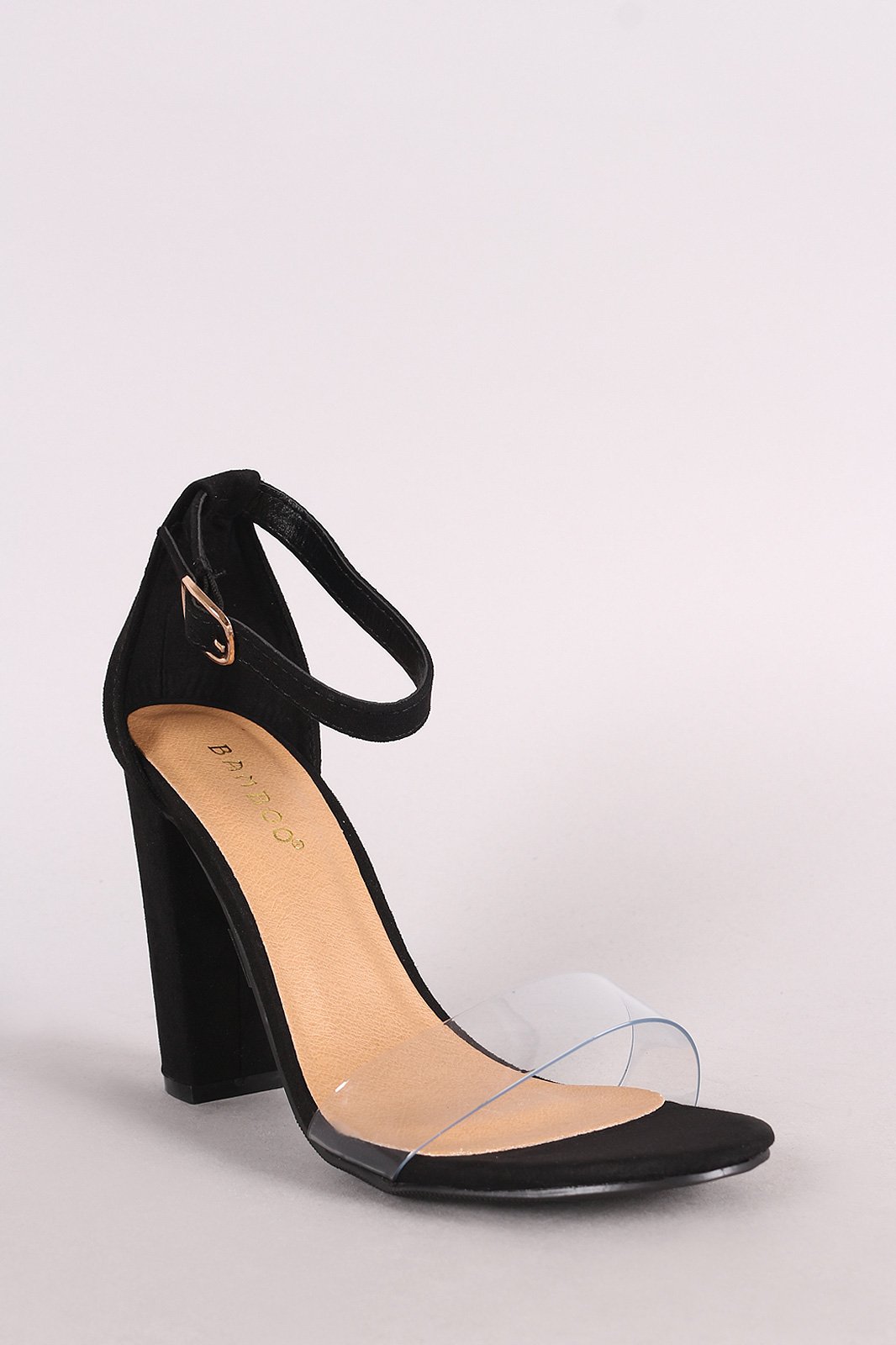 Bamboo Suede Open Toe Clear Strap Chunky Heel