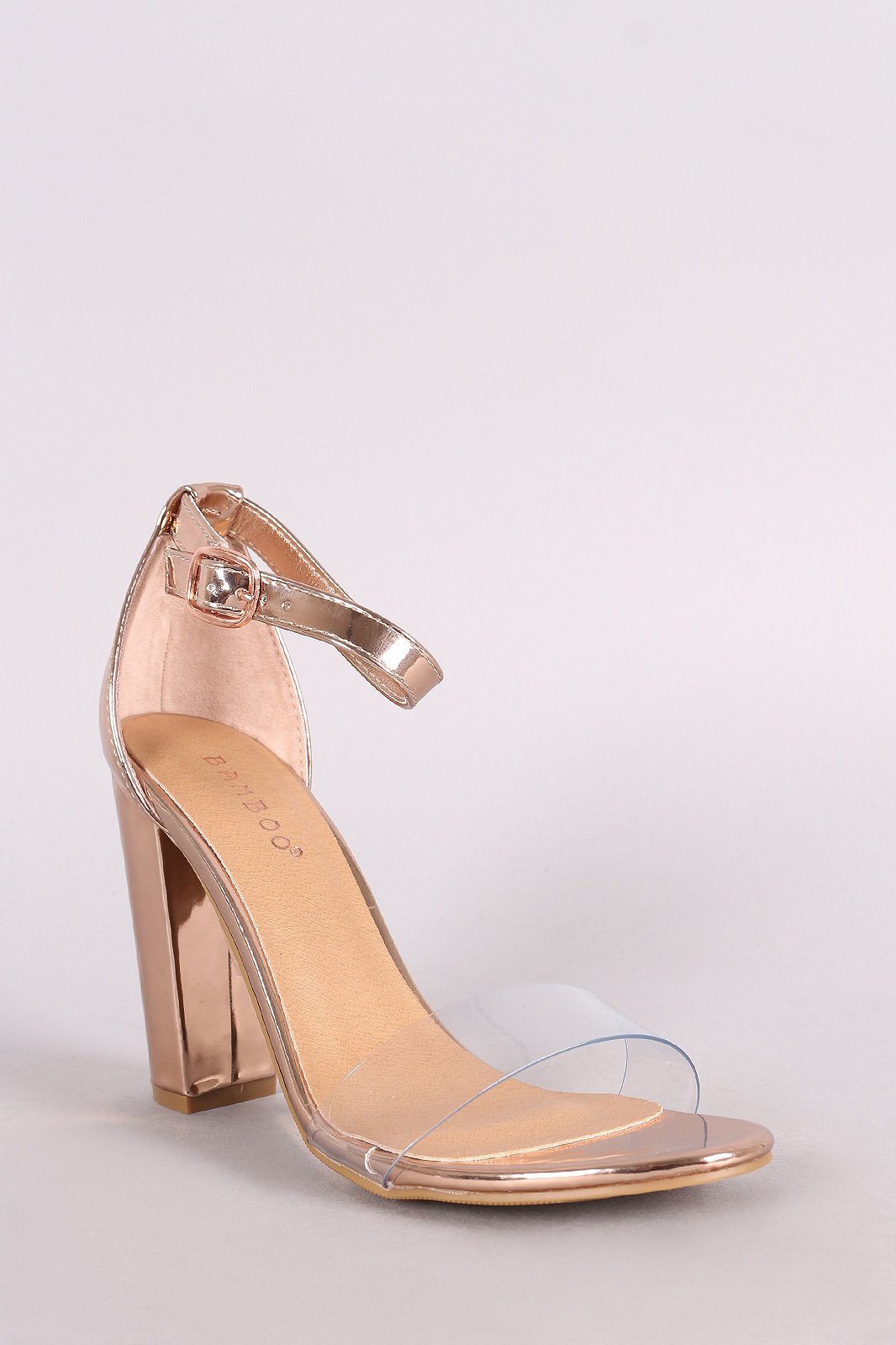 Bamboo Metallic Open Toe Clear Strap Chunky Heel