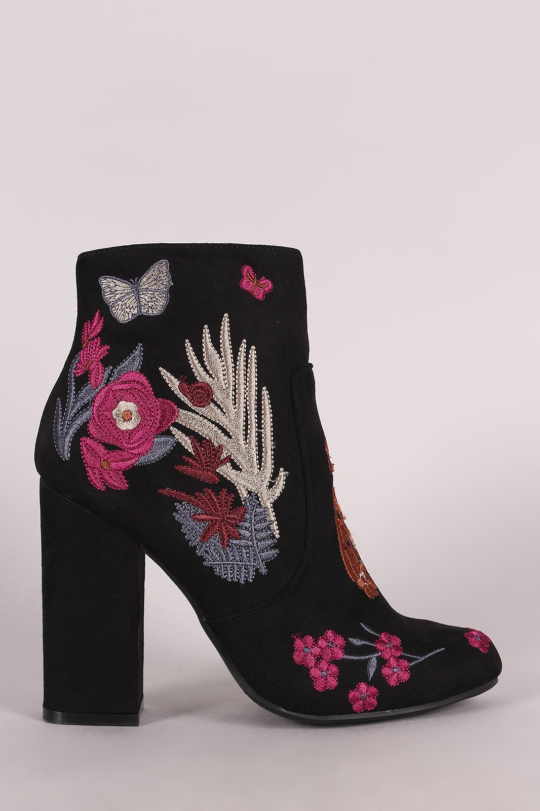 Bamboo Embroidered Floral Suede Chunky Heeled Booties