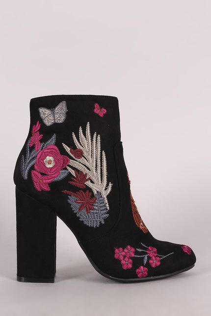 Bamboo Embroidered Floral Suede Chunky Heeled Booties