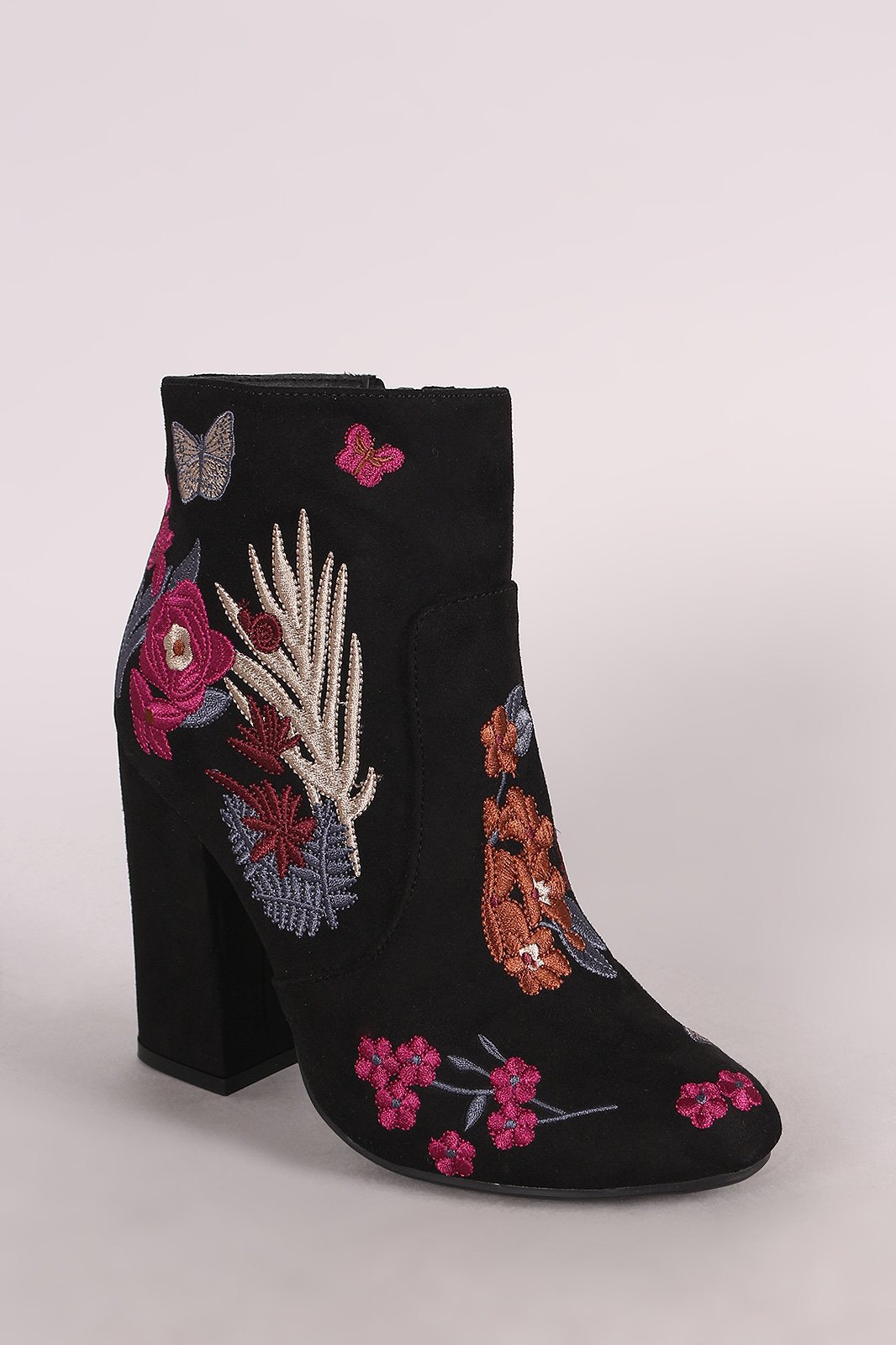 Bamboo Embroidered Floral Suede Chunky Heeled Booties