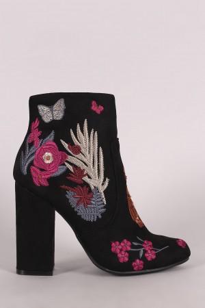 Bamboo Embroidered Floral Suede Chunky Heeled Booties