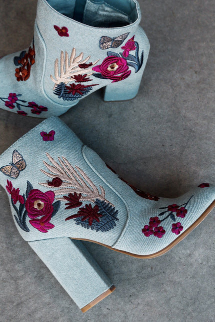 Bamboo Embroidered Floral Denim Chunky Heeled Booties