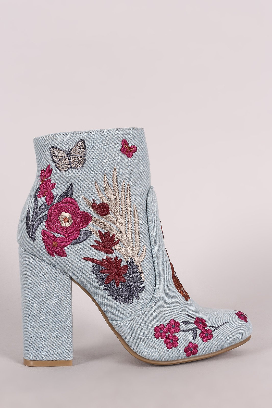 Bamboo Embroidered Floral Denim Chunky Heeled Booties