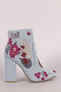 Bamboo Embroidered Floral Denim Chunky Heeled Booties