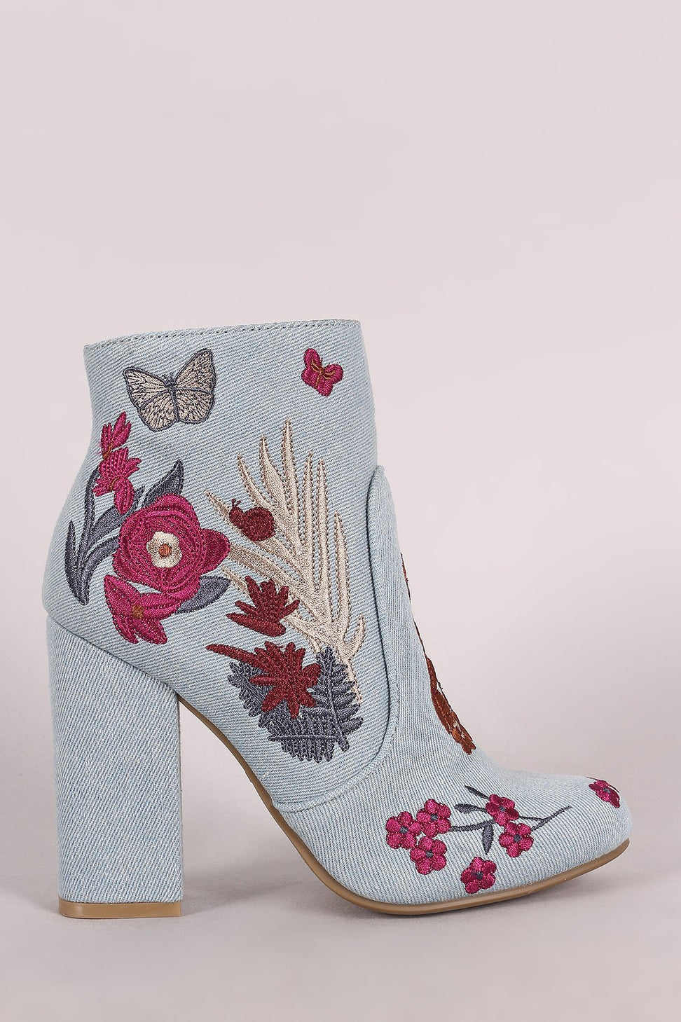 Bamboo Embroidered Floral Denim Chunky Heeled Booties