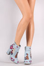 Bamboo Embroidered Floral Denim Chunky Heeled Booties