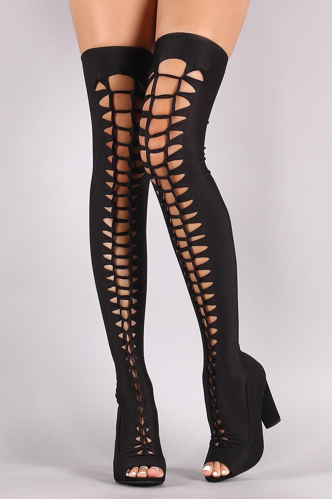 Bamboo Elastane Woven Peep Toe Chunky Heeled Over-The-Knee Boots