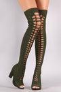 Bamboo Elastane Woven Peep Toe Chunky Heeled Over-The-Knee Boots