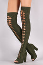 Bamboo Elastane Woven Peep Toe Chunky Heeled Over-The-Knee Boots
